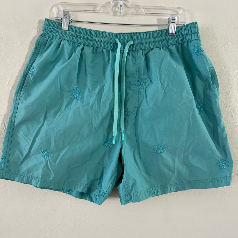 Urban Outfitters Teal Embroidered Athletic Swim Trunk Shorts
